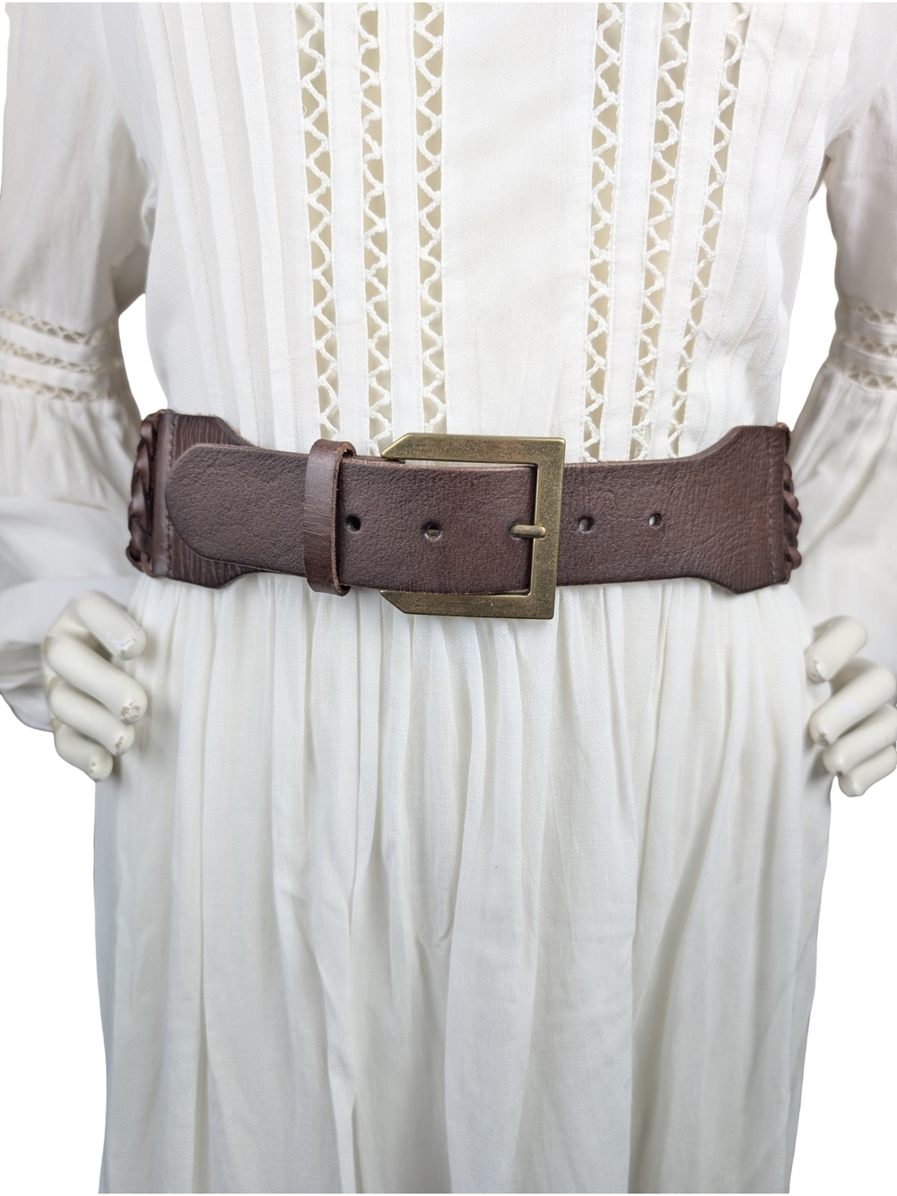 Nine West Boho Brown Leather Elastic Braided Waist Belt M 28.5-32.5 Plus Stretch